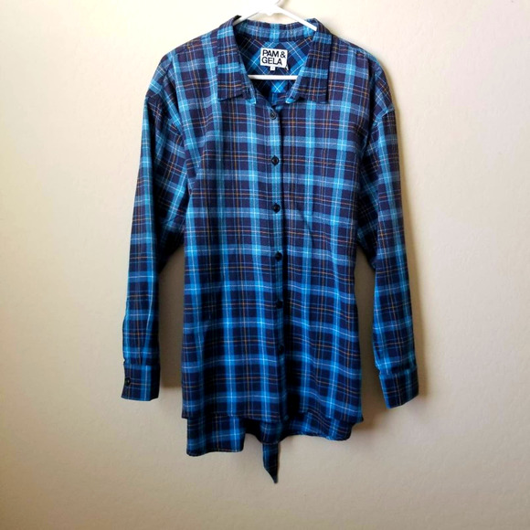 NWT Pam & Gela Tie Back Plaid Blue Tartan Tunic Shirt L - Picture 1 of 8